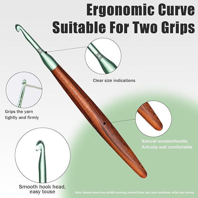 Giwrmu Crochet Hooks, 3.5mm Ergonomic Crochet Hook, Available in 3mm-7mm, Colored Aluminum Crochet Hook with Wooden Handle Crochet Needle for Crocheting Yarn