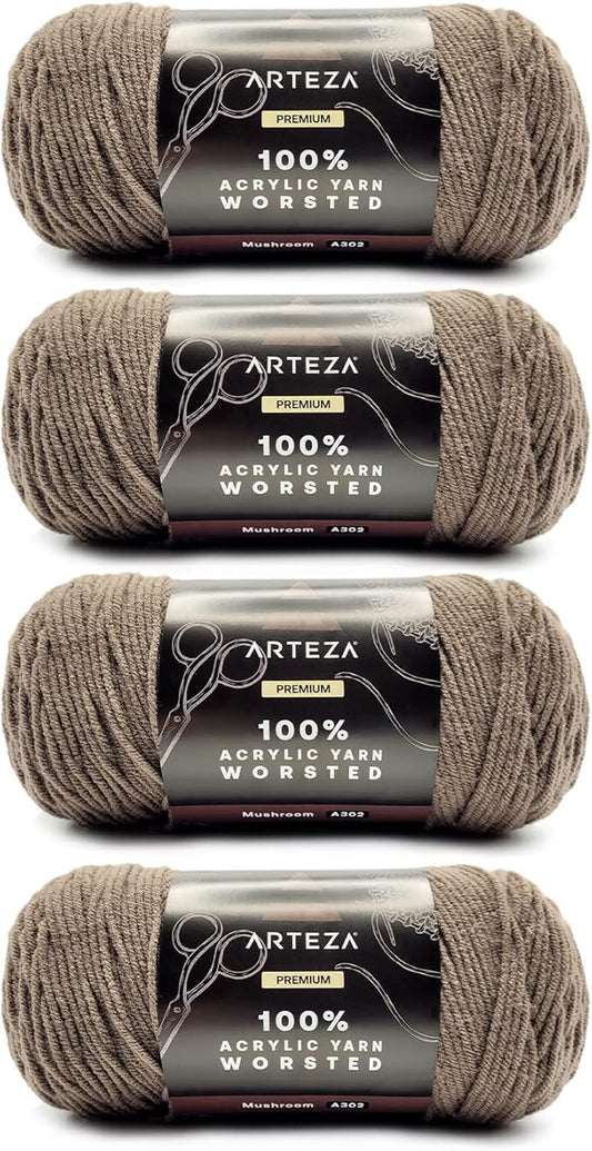ARTEZA Acrylic Yarn for Crocheting, 4 x 200-g Skeins of Worsted Yarn for Knitting, Mushroom A302, Knitting & Crochet Supplies