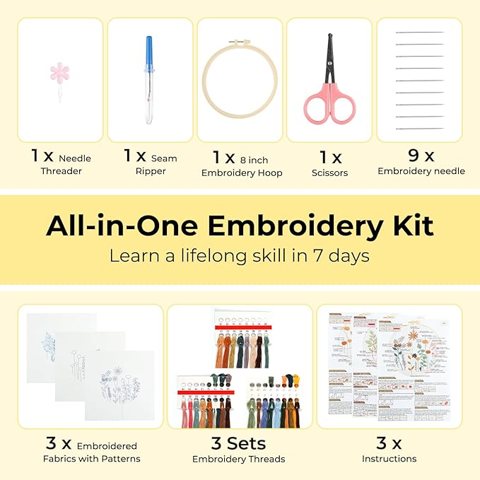 htvront embroidery kit for beginners- 3 pcs needlepoint kits for adults with step by step video, flower beginner embroidery kit for adults, pre-printed patterns for gift for women