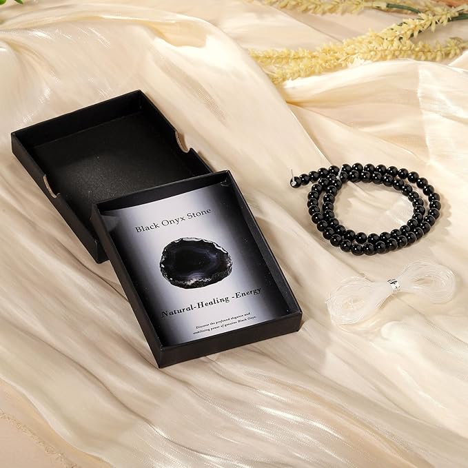 Song Xi 45pcs 8mm Natural Black Onyx Stone Beads for Jewelry Making, Gemstones Beads Bracelet for Necklace Earring Keychain, with Jewelry Box and Elastic for Christmas Wedding Birthday Gift
