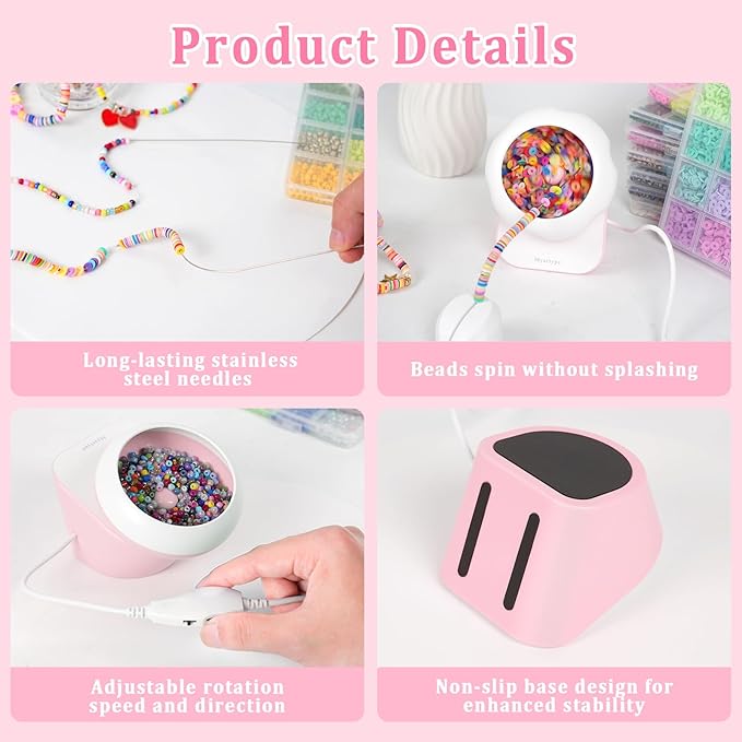 Myartype Clay Bead Spinner and Seed Bead Spinner, 2-in-1 Electric Bead Spinner for Jewelry Making, Bracelet Spinner and Necklace Making Machine with Bead Needles and Thread (Pink)