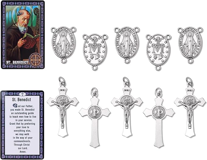 10 Pcs St Benedict Medals Cross Charms and Virgin Mary Rosary Centerpieces for Rosary Making Supplies,Medalla De La Virgen Milagrosa Catolica with Saint Benedict for Necklaces Pendant Rosary Kit