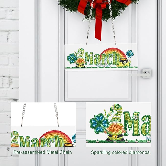 Diamond Painting Kits Hanging Pendants, DIY Wreath Crystal Rhinestone Wreath Kits, Colored Imitation Art Point Crystal Diamond Art Window Pendants Home Garden Wall Door Birthday Festival Gifts (March)