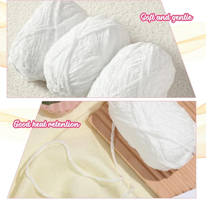 Amylove 6 Rolls Soft Velvet Chenille Yarn for Crocheting 1182 Yards Polyester Blanket Fuzzy Thick Yarn for DIY Knitting Bulky Weaving Crafts, 197 yd, 3.53 oz Each Roll(White)