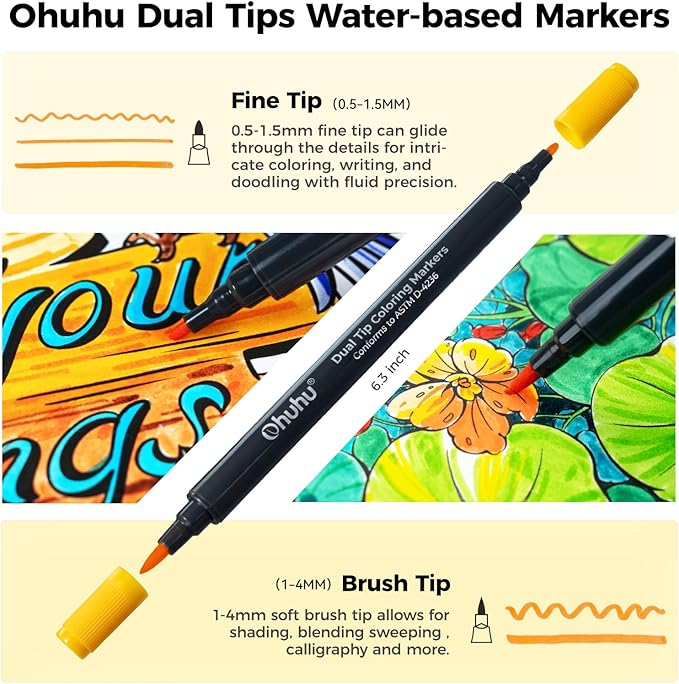 Ohuhu Markers Brush Tip 80-colors with 72-sheet Coloring Book - Double Tipped Markers for Adults Coloring Books - Art Marker Set Bundles with 100% Bleed-proof Pages - Fine & Brush Dual Tips