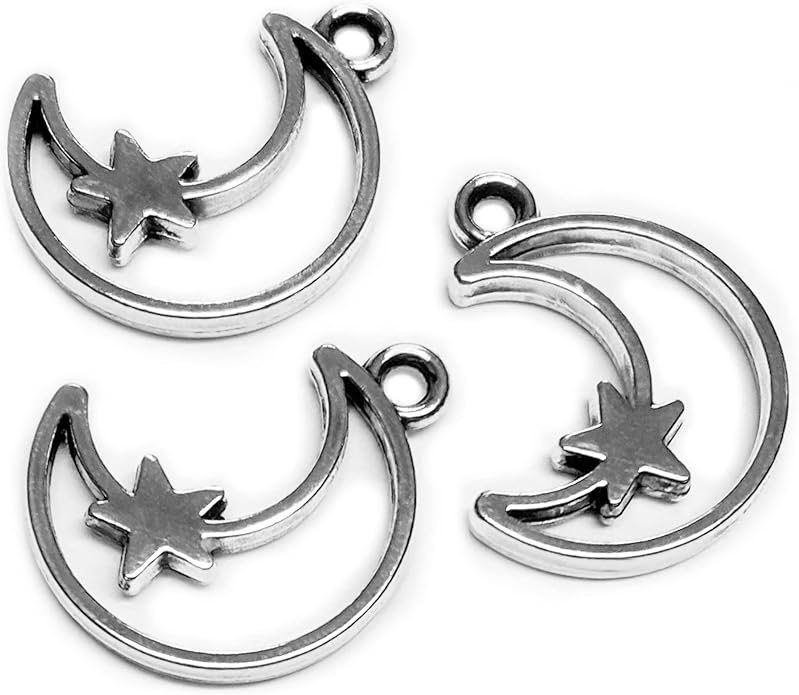 Heather's cf Celestial Beads Moon Charms Pendant Jewelry Making Earrings Necklace Bracelet Kit Findings Jump Rings Lobster Clasp Vintage Finish Plated Non Tarnish Look (Silver Star, 79-150Pcs)
