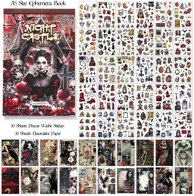 Halloween Stickers for Adults, 50 Sheets Precut Dark Aesthetic Gothic Scrapbook Washi Sticker Book for Junk Journal Supplies, Journaling, Scrap Book Suply
