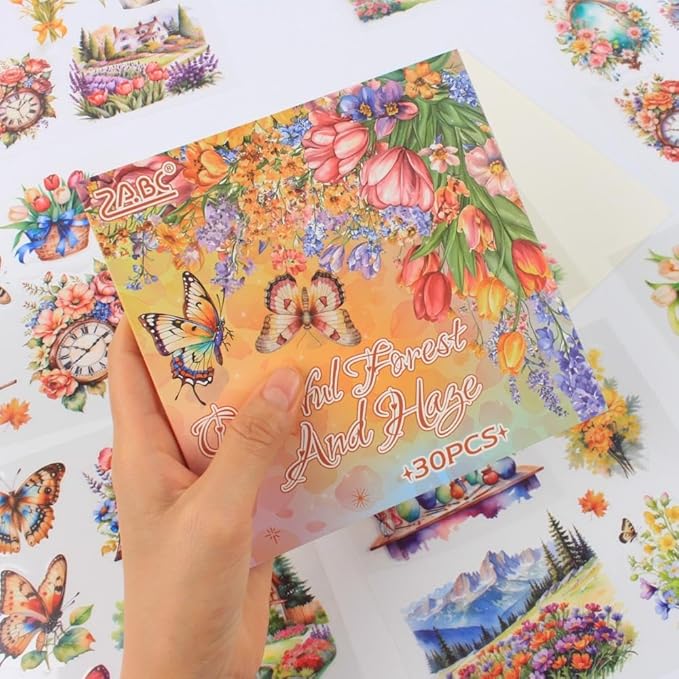 30 Sheets Precut Colorful Garden Landscape Stickers Book for Junk Journal Supplies, Transparent PET Stickers for Journaling, Scrapbooking, Bujo, Collage, Card Making