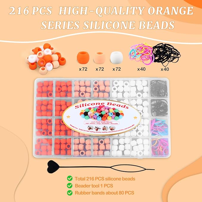 AD Beads 216PCS 6x9mm Soft Silicone Beads for Hair, Orange Series with 80 Elastic Bands, Tool and Storage Box Kit for Braids, Bracelet, Crafts.