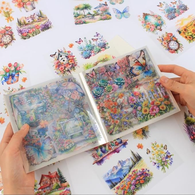 30 Sheets Precut Colorful Garden Landscape Stickers Book for Junk Journal Supplies, Transparent PET Stickers for Journaling, Scrapbooking, Bujo, Collage, Card Making