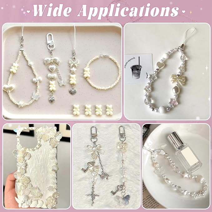 270-320PCS TINKRSTUFF Assorted Acrylic Beads,ABS Imitation Pearl Beads Cute Beads for Bracelet Making, Bow Kawaii Charms, Aesthetic Bead for Necklace Keychain Jewelry Making DIY Keychain Phone Charm