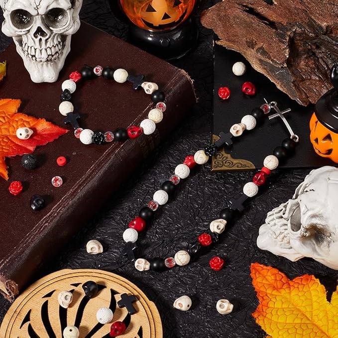 SUNNYCLUE 1 Box 416Pcs Halloween Beads Kit Stone Cross Beads Rose Flower Skull Synthetic Turquoise Black Red Gemstone Bead Natural Lava Rock Spacers for Jewelry Making Kits Adult Supplies