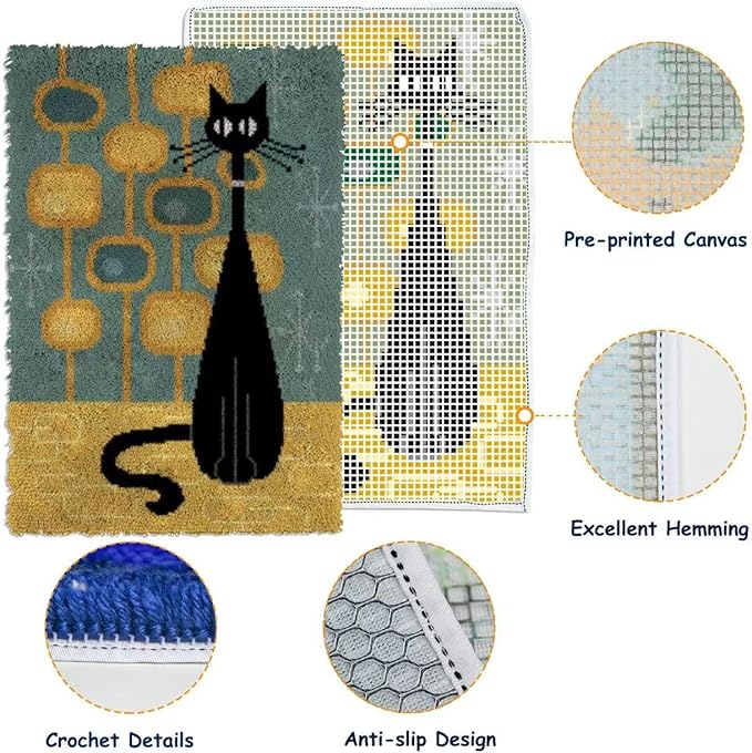 GLAECYY Latch Hook Kits Rug Crochet Yarn Kit Cushion Colour Pre-Printed Canvas Rug Needlework DIY Hook and Latch Kit (Black Cat)