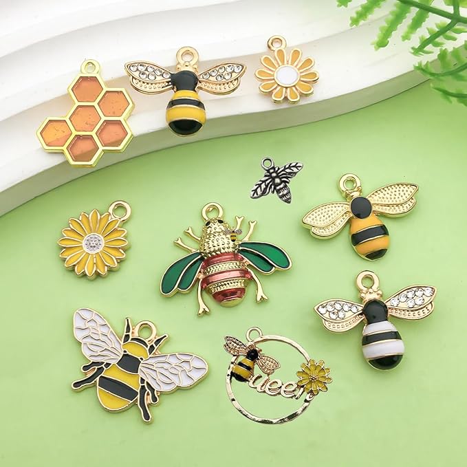 WOCRAFT 120pc Assorted Enamel Bracelet Honeycomb Bee Charms for Jewelry Making Crafts DIY Necklace Bracelet Keychain Crafting Charms Kit (SN814)