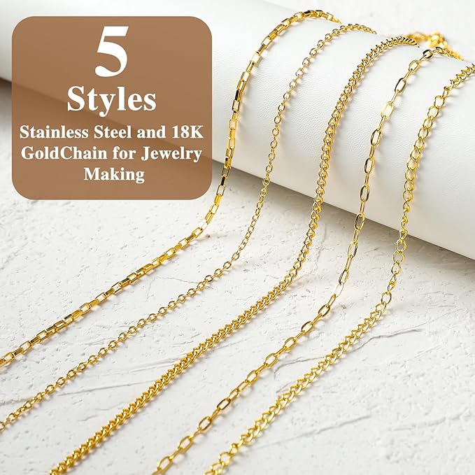 LuneClat Gold Chain Charm Bracelet Making Kit - 14K 5 Different Chains 3.28 ft, DIY Necklace Bracelets Making Accessories with Charms Pendants Jump Rings Lobster Clasps Pliers