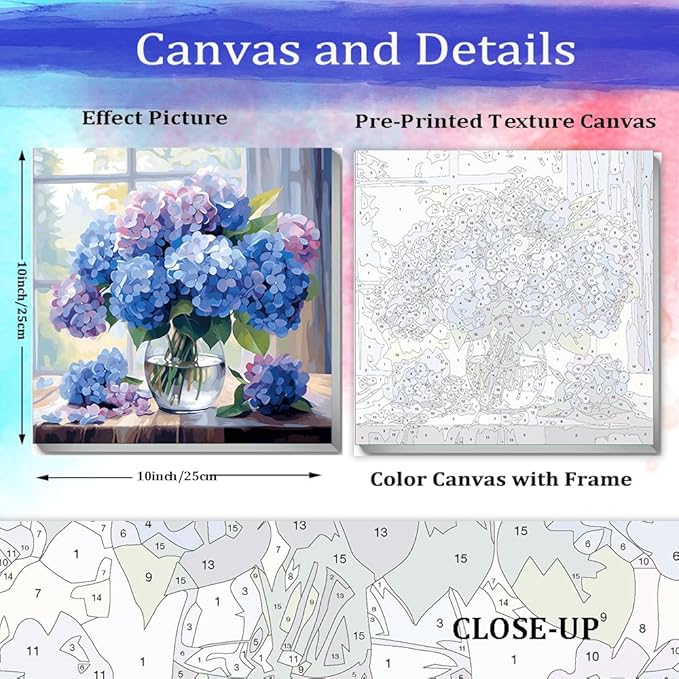 JUJUHOOD Hydrangeas Flowers Paint by Numbers Kit for Adults Beginner & Kids Ages 8-12, Purple Flower Paint by Number Without Easel, Simple Paint by Numbers for Gift Home Wall Decor (10x10Inch)