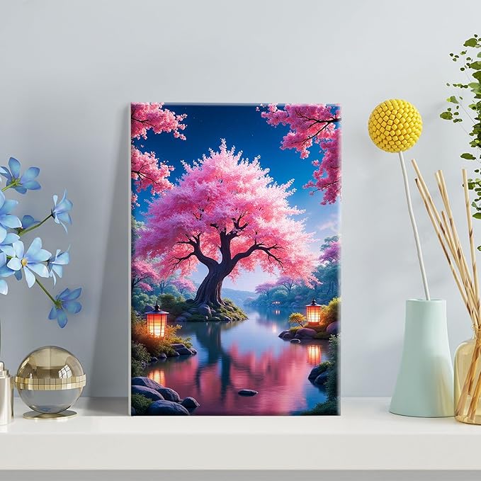 JOOZ Paint by Numbers Kit for Adults with Easel Cherry Blossom Tree Paint by Number with Frame Lake Scenery Adult Paint by Number Kits Oil Painting by Numbers for Gift Home Wall Decor 8x12 Inch