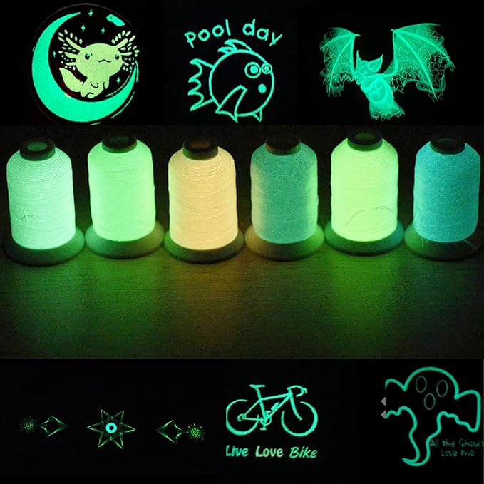 Simthread Glow-in-The-Dark Embroidery Machine Thread, 6 Colors, 1000 Yards, 30WT, 100% Polyester with Long-Lasting Glow - Perfect for Music Festivals, Parties, Raves & More