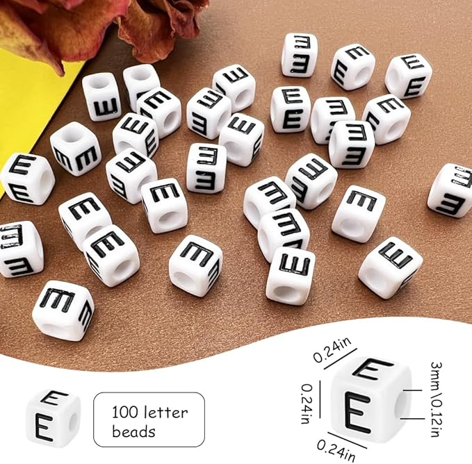 MIIIM 100pcs Pony Beads Letter E for Keychains Making, 6x6mm Large Hole Square Letter Beads for Bracelets Making, Alphabets, Numbers (White and Black)