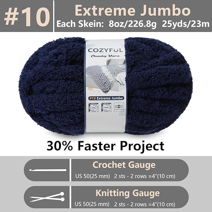 Chunky Yarn for Hand Knitting - #10 Chunky Chenille Yarn, Jumbo Big Thick Chunky Yarns for Crocheting, Super Bulky Chunky Knit Blanket Yarns, 8 Skein (25 yds 8 oz Each Skein), Navy Blue
