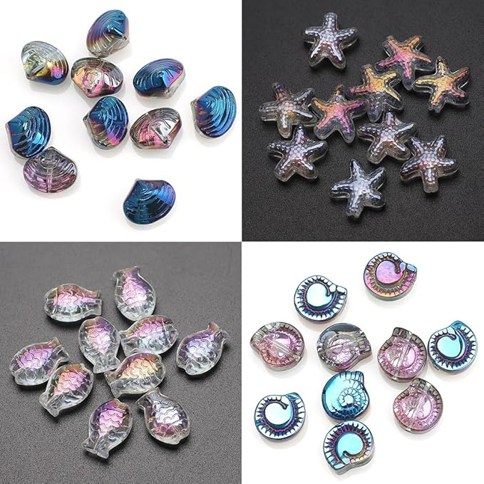 Ocean Theme Aesthetic Beads - Blue Snail Shell, White Starfish, Glass & Crystal for Bracelets & Jewelry Making
