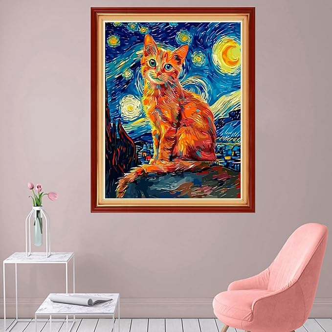 foxhool stamped cross stitch kits,11ct printed cross stitch pattern full embroidery kits for beginner needlepoint kits-cat van gogh starry sky 16x20 inch