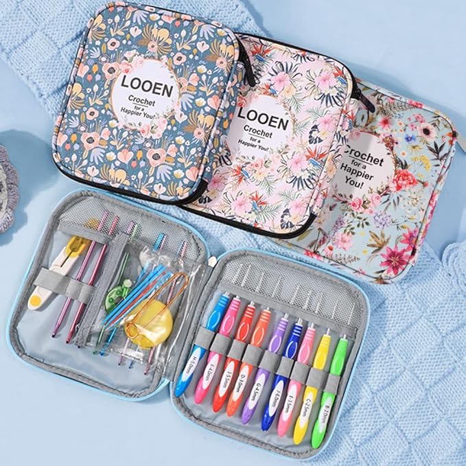 Crochet Hook Case,Portable Zipper Storage Organizer Bag for Crochet Hooks, Knitting Needles, Project & Sewing Supplies, Lightweight,Easy to Hold (No Accessories Included).Blue Cartoon Flower