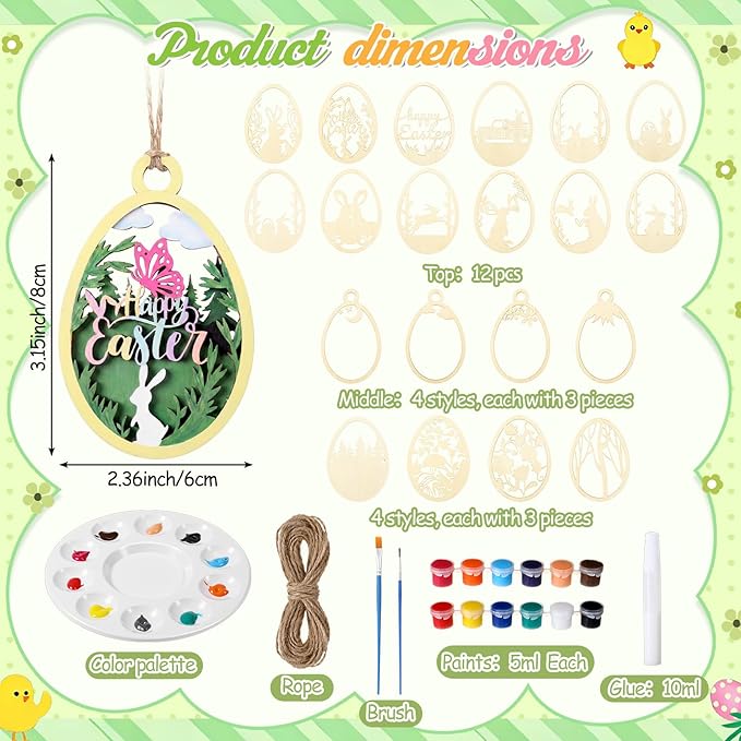 Chunful 36 Pcs Easter Crafts for Adults Kids Wooden 3D Easter Crafts to Paint Ornaments DIY Hanging Unfinished Wood Egg Unpainted Cutouts Slices Rabbit Bunny Butterfly Flower Decor Spring Gifts Tags