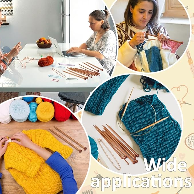 EVERJOYCRAFT 14pcs 7 Pairs Natural Bamboo Knitting Needles Set with Yarn Stitch Holders & Canvas Bag Long Single Point Straight Wood Needles Knitting Starter Kit for Beginners Adults Sweater Scarf