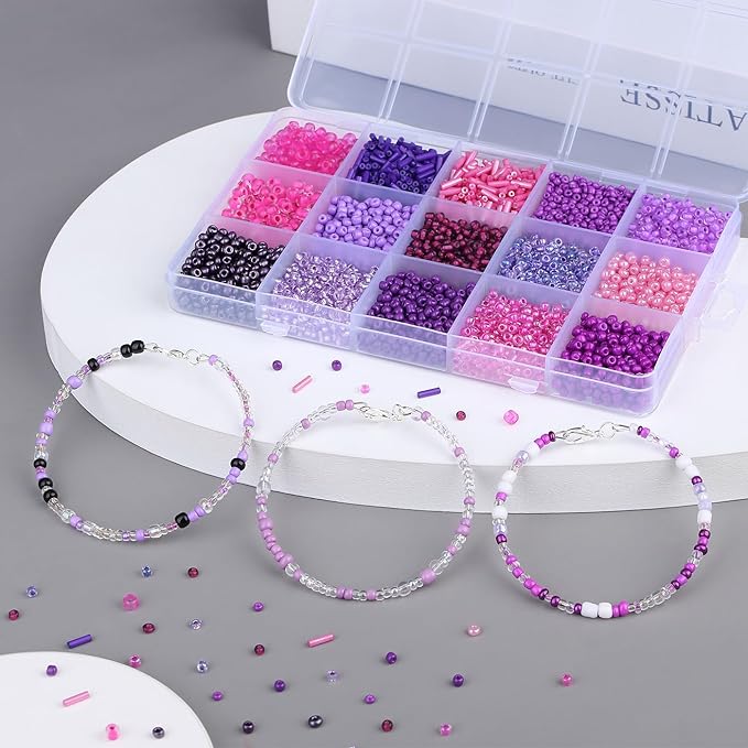 DUQGUHO Purple Beads for Jewelry Making 4mm Purple Glass Seed Beads Kit 15 Color 3mm 2mm Small Plastic Tube Bead for Bracelets Craft DIY