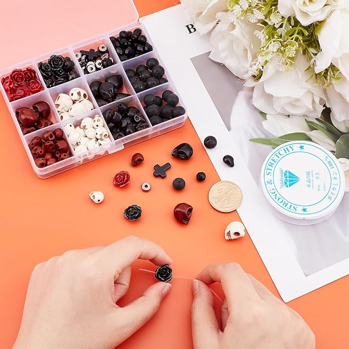 arricraft 203 Pcs Halloween Skull Gemstone Beads Kits, Natural Lava Rock Synthetic Turquoise Cross Bead Flower Rose Bead Tibetan Style Beads for Jewelry Making Bracelets Necklaces DIY Crafts