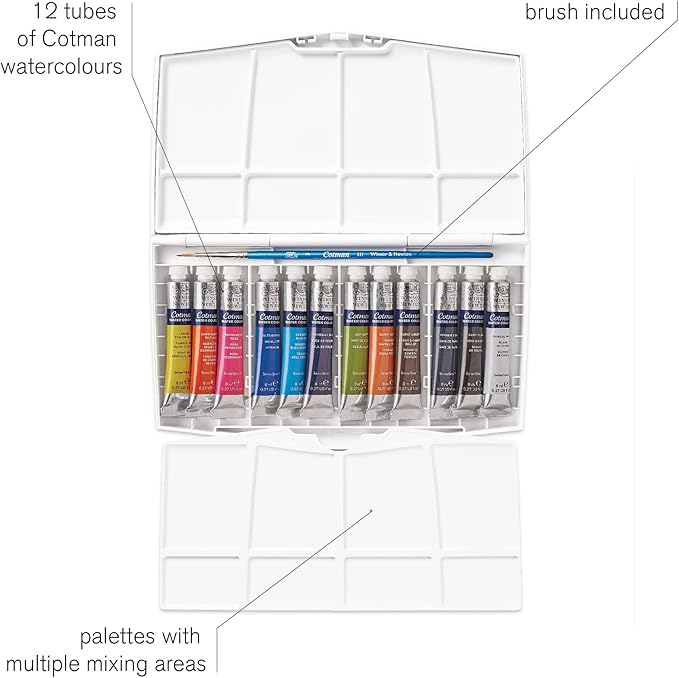 Winsor & Newton Cotman Watercolor Paint Set, 12 Colors, 8ml (0.27-oz) Tubes w/ Brush