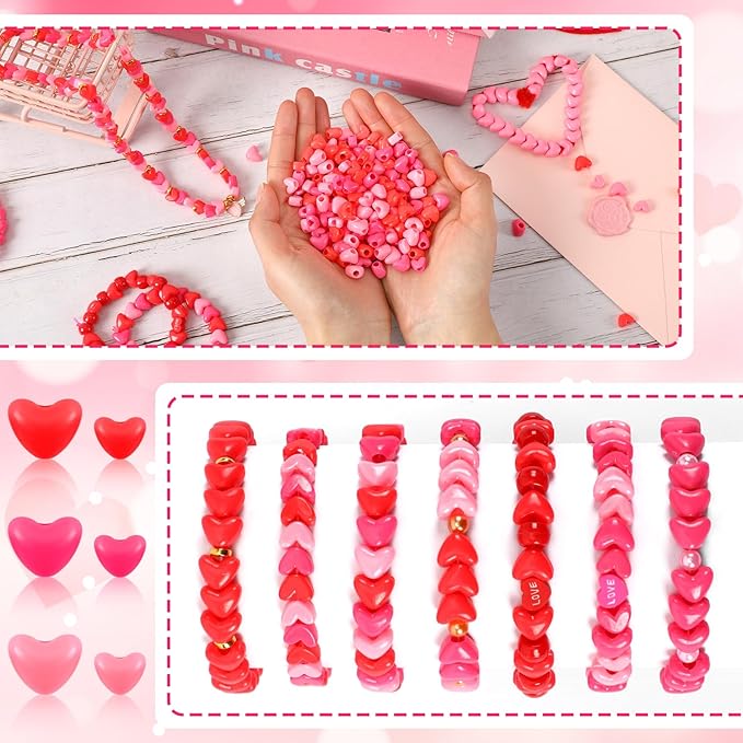 UPINS 1200Pcs Valentine's Day Pink Red Heart Plastic Pony Beads for Jewelry Making Valentine's Party Decoration Necklace Bracelets Earrings Hair Beads DIY Crafts Supplies (600 Large and 600 Medium)