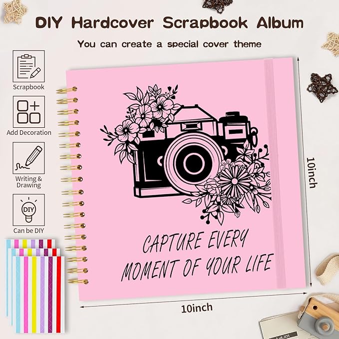 Scrapbook Album 10x10 inch, Travelling Journal Scrap Book Family Scrapbook Scrapbooking Supplies Kits Gift for Couples Anniversary Wedding (pink, 10 x 10 inch)