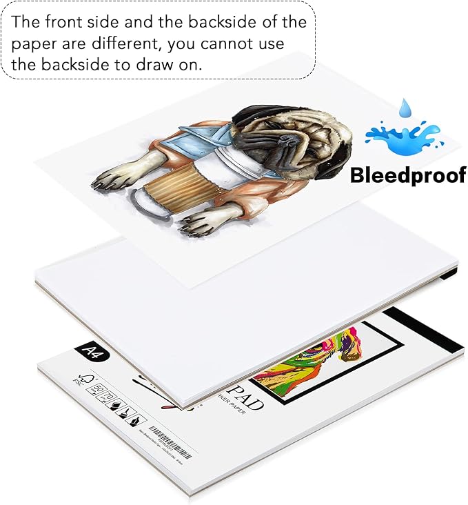 bianyo bleedproof marker paper pad, a4(8.27"x11.69"), 50 sheets, 18 lb / 70 gsm, glue-bound, 100% cotton, white, ideal for use with markers and ink mediums