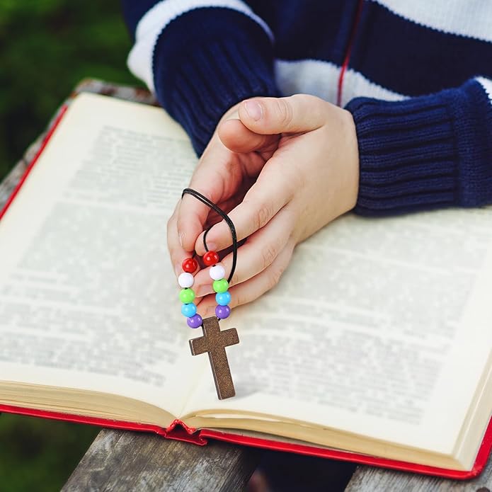 Kathfly DIY Wood Cross on Cord Pendant Necklace Sunday School Crafts for Kids Wood Cross Necklace with Colorful Beads Religious Party Favor for Vbs Church Easter Gifts