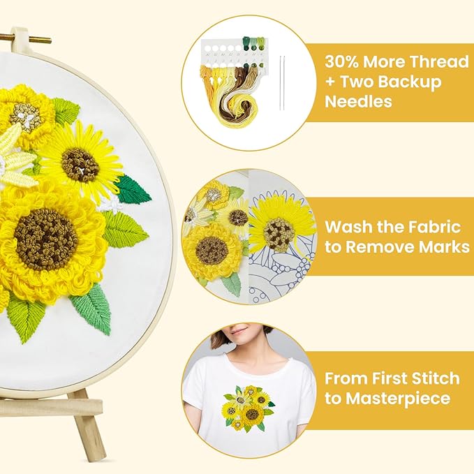htvront 3d embroidery kit for beginners- sunflower embroidery kits with step-by-step video tutorials, 3d art finished with 5 stitches, beginner embroidery kit for adults for denim jackets, home decor