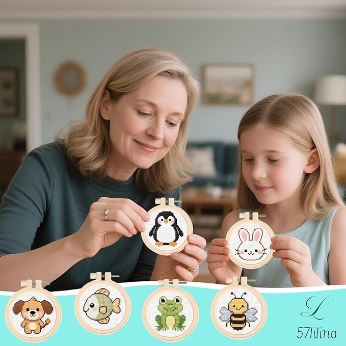57lilina Cross Stitch Kits for Kids - 6 Set Easy Beginners Embroidery Kit for Kids, DIY Cute Pre Printed Stamped Crossstitch Needlepoint Patterns Craft for Backpack Charms, Keychains & Girls Gifts
