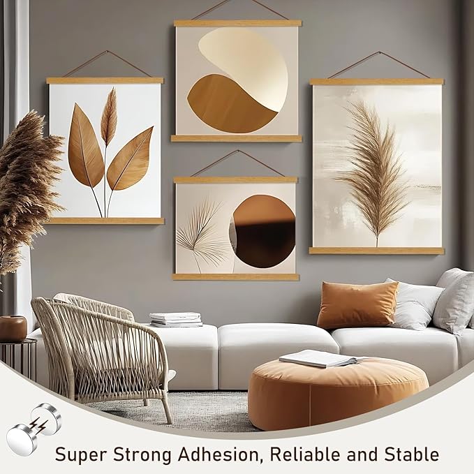 Artmag Magnetic Poster Hanger Frame, 16x24 16x22 16x20 Light Wood Wooden Magnet Canvas Artwork Print Poster Hangers Frames Hanging Kit (Teak Wood, 16")