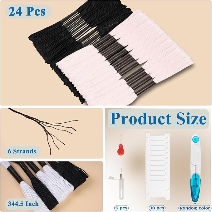 Friendship Bracelet String, 24 Skeins Black and White Cross Stitch Thread, 344.5 Inch Cotton Embroidery Floss, Hand Embroidery Thread Tools are Ideal for DIY Sewing and Embroidery Crafts Making