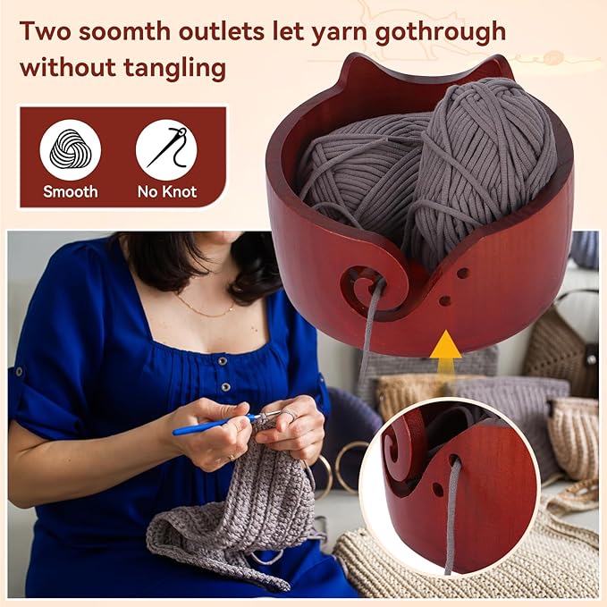 XIEJ Cat Yarn Holder Set, 7 X 4inch Wooden Cat Yarn Bowl for Crocheting, Knitting Bowl with Crochet Hooks Knitting Tools for Crocheters Knitters Craft（Vintage Color）