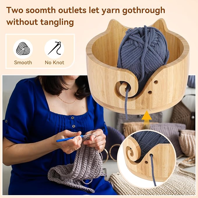 XIEJ Cat Yarn Bowl Set, 7 X 4inch Wooden Yarn Bowls for Crocheting, Knitting Bowl, Yarn Storage Bowls, Crochet Yarn Holder with Crochet Hooks Knitting Tools for Crocheters Knitters Craft