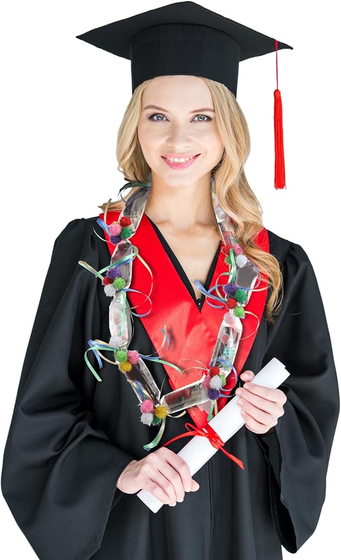 Hanaive Graduation Candy Lei Tubing Necklace Making Kit Include 50 Pcs 2 Inch Poly Tubing Lei Bags 197 ft 6 Rolls Gift Wrapping Ribbon 1 Pack Plush Poms 400 Glue Points for Graduation Party Supplies