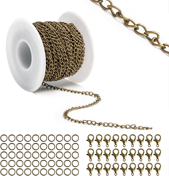 Lemonkey 33 Feet Metal Bronze Necklace Chains Curb Links Chains Bulk for Jewelry Making DIY Craft Kit with Lobster Clasps Jump Rings