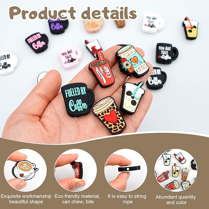 Fantasyon Silicone Focal Beads for Pens Coffee Cup Silicone Accessory Kit 18 Pcs Colorful Round Silicone Beads for Keychain Making Bracelet Necklace Handmade Crafts (Cup 1)