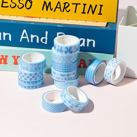 Blue Bow Washi Tape - 12 Pcs Watercolor Blue Bow Cherry Washi Colored Masking Decorative DIY Craft Art Tape Set School Office Teacher Scrapbooking Scrapbook Junk Journal Journaling Supplies