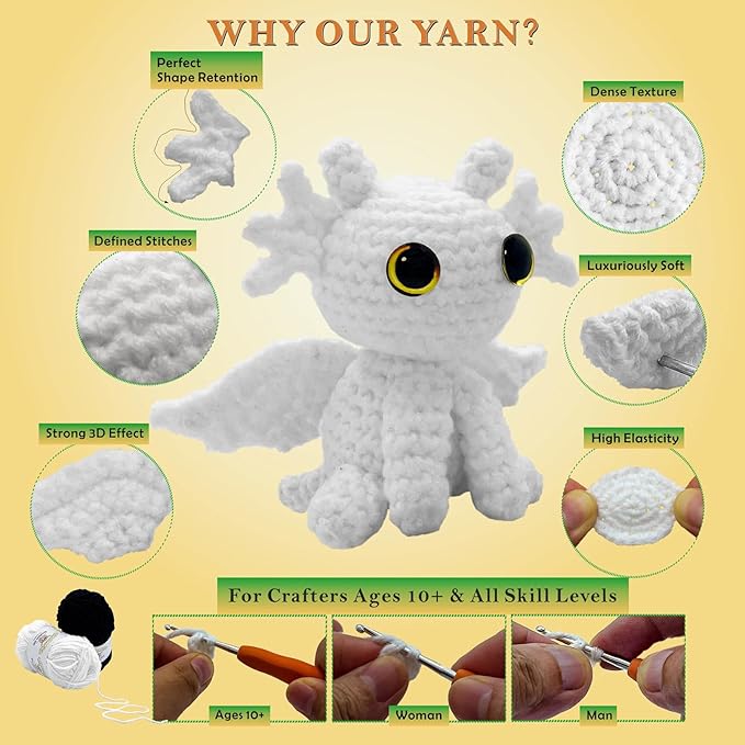 lunuafvy beginner crochet kit (9+ kids/adults) – 2 cute dragons, complete set, video guides, gift bag