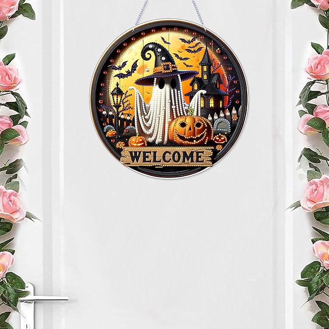 VODAPYC Halloween Diamond Art Hanging Kit for Adults, DIY Double Sided Special Shaped Diamonds Art Window Pendant Ornament Door Sign for Home Decor(Ghost)