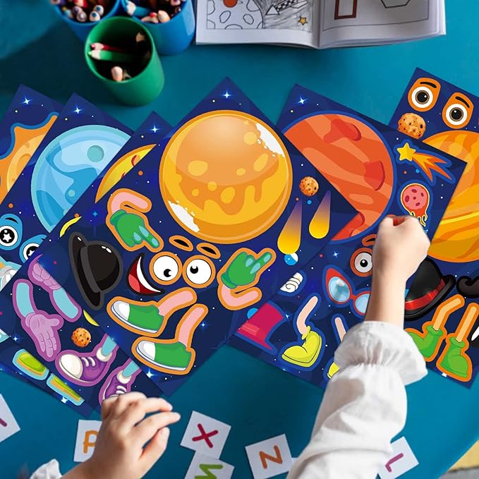 27 sheets space stickers make your own planet stickers games,easy to peel and stick,make a face outer space sticker for kids,9 planets solar system birthday party favor sticker for kids