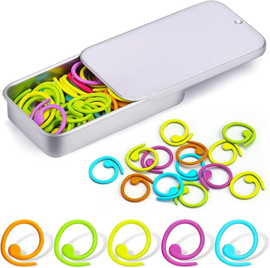 Jmuiiu Metal Stitch Markers, 50Pcs Spiral Metal Colorful Crochet Stitch Markers, Crochet Marker Ring for Knitting Crocheting Clothing Tag DIY Craft Project with Storage Box